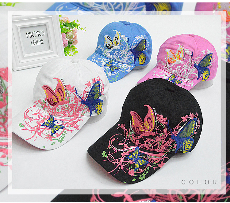 Embroidery hat women spring and summer sun protection peaked cap butterfly flower embroidery baseball cap cotton